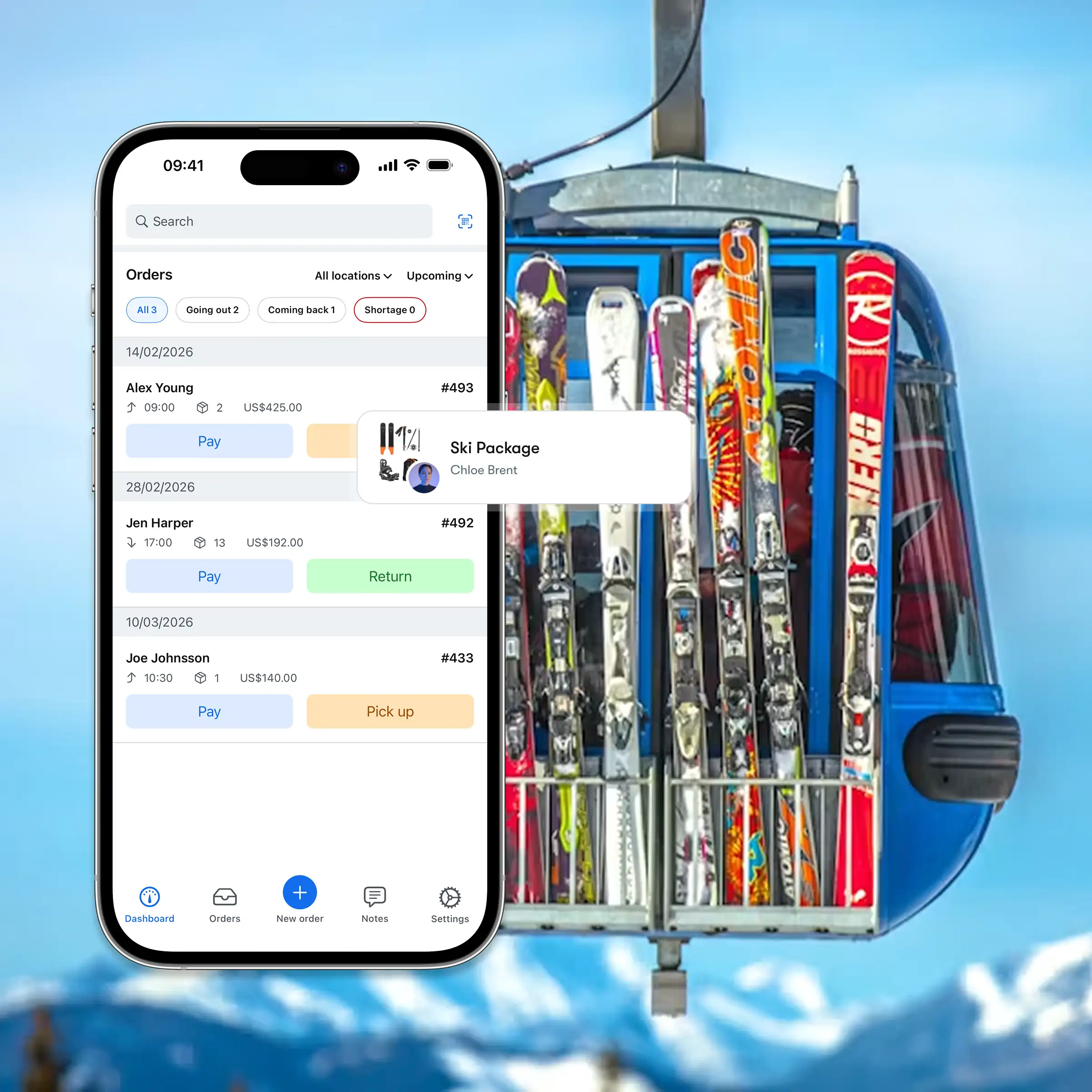 Booqable's ski rental software showing mobile app features