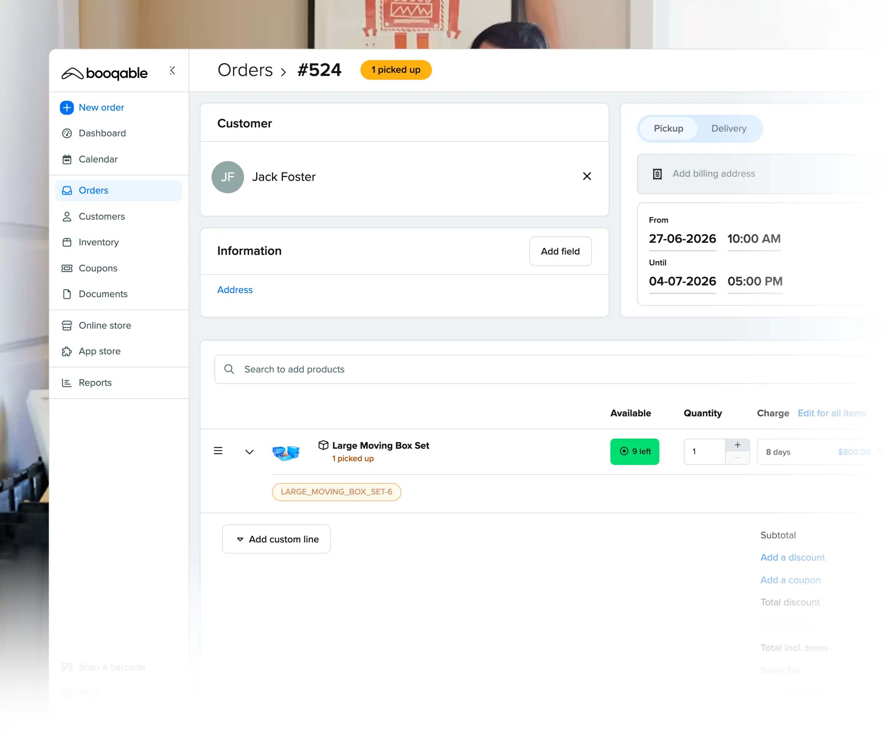 Rental pickup workflow using Booqable's storage rental software