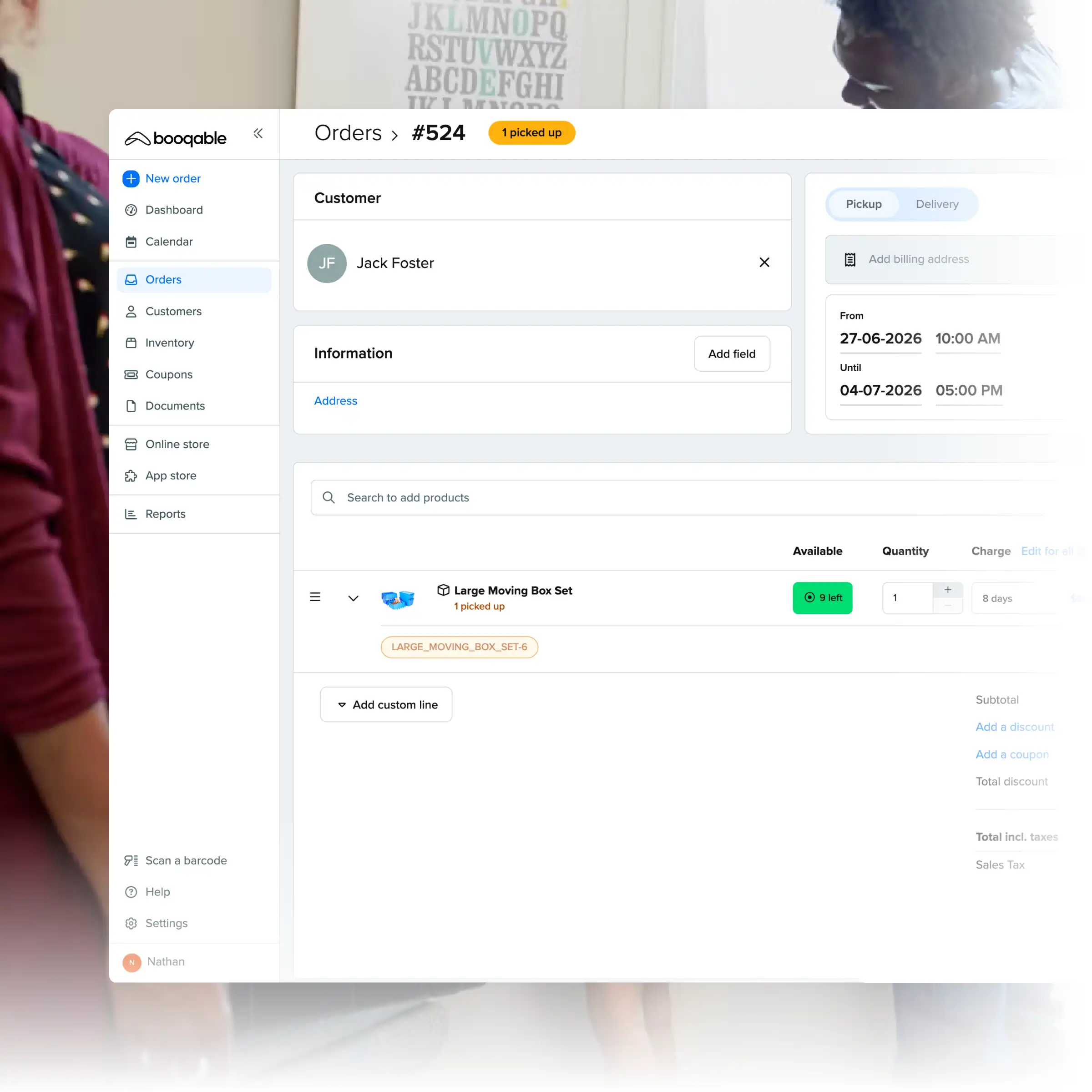 Booqable's storage rental software showing order management features