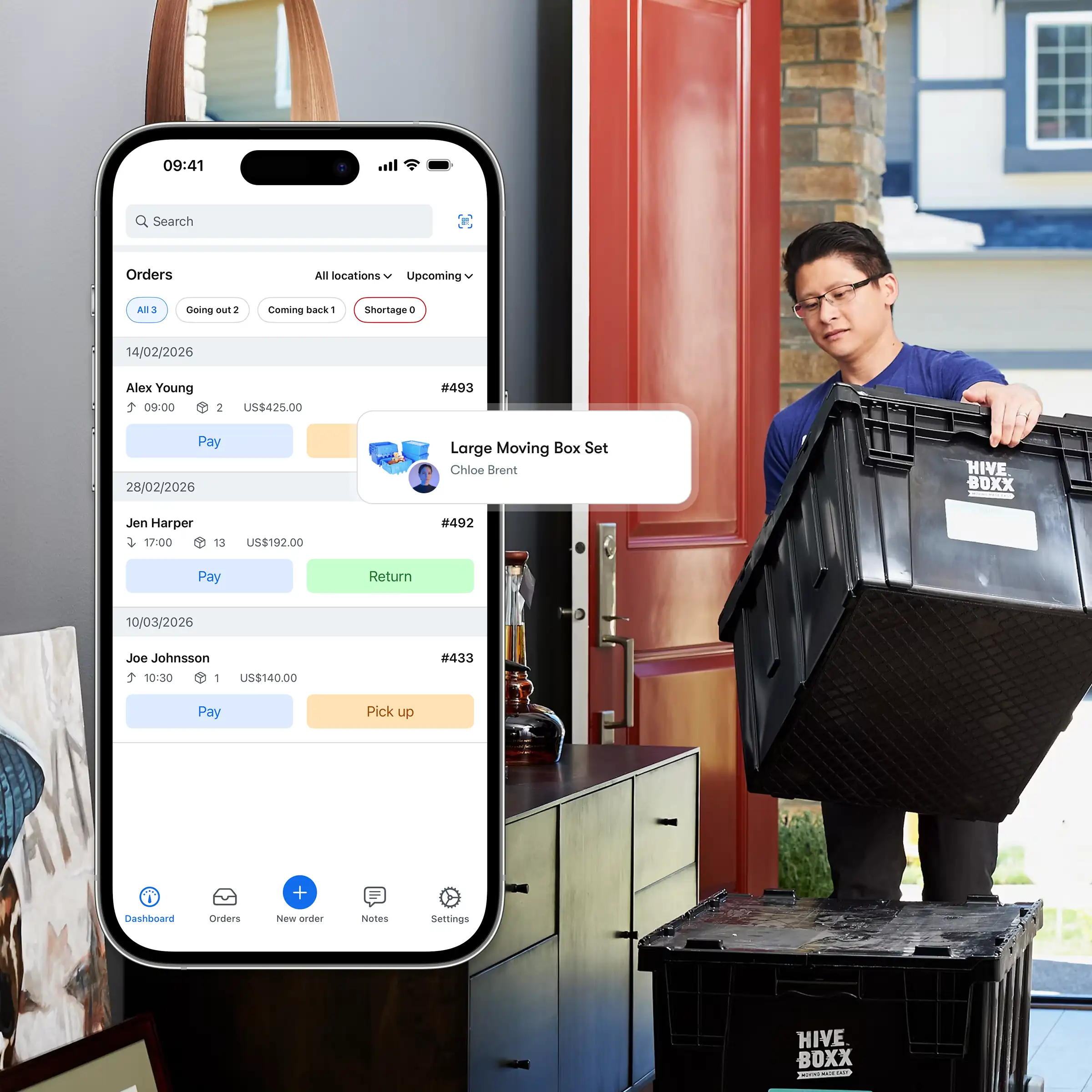 Booqable's storage rental software showing mobile app features