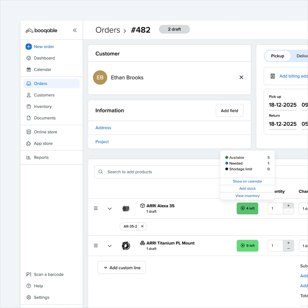 Screenshot of order creation in Booqable