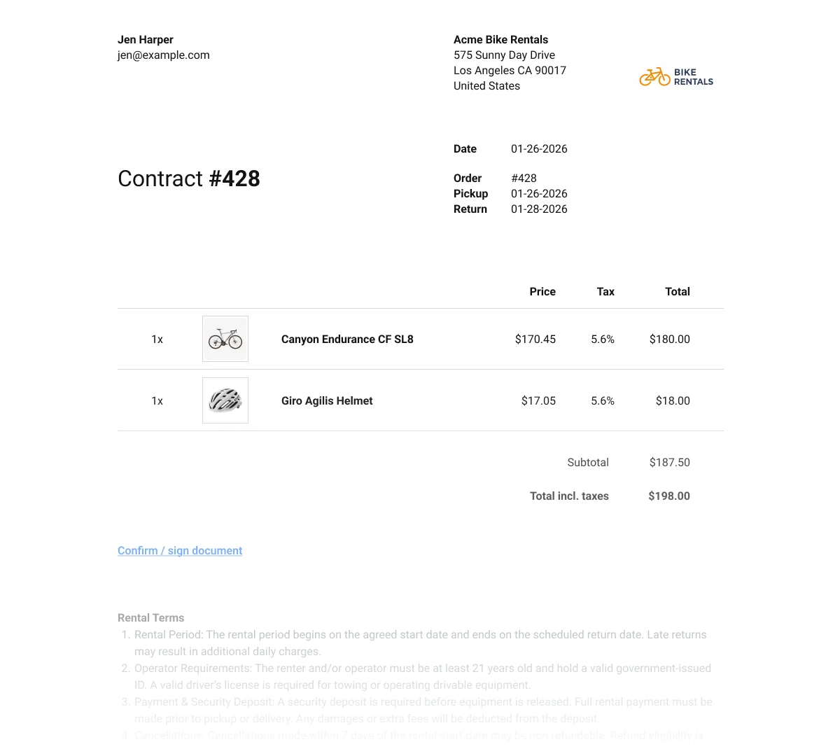 Bike Rental Agreement Template