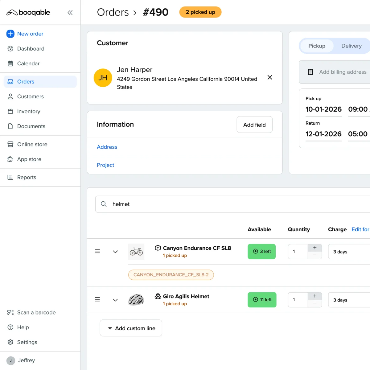 Screenshot of order creation in Booqable