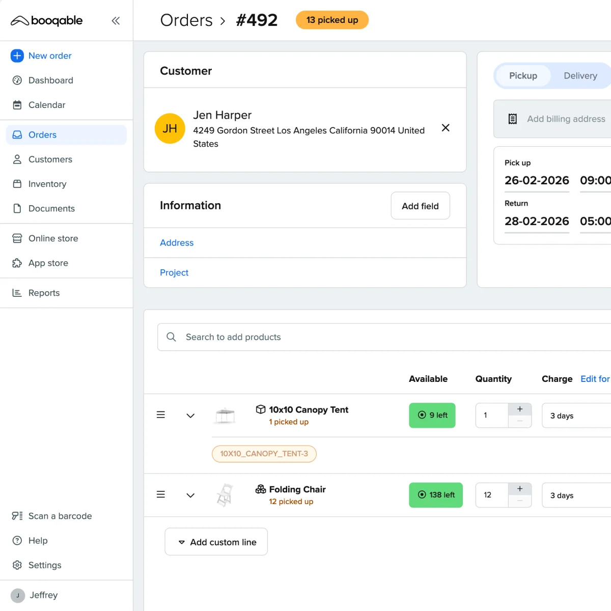 Screenshot of order creation in Booqable