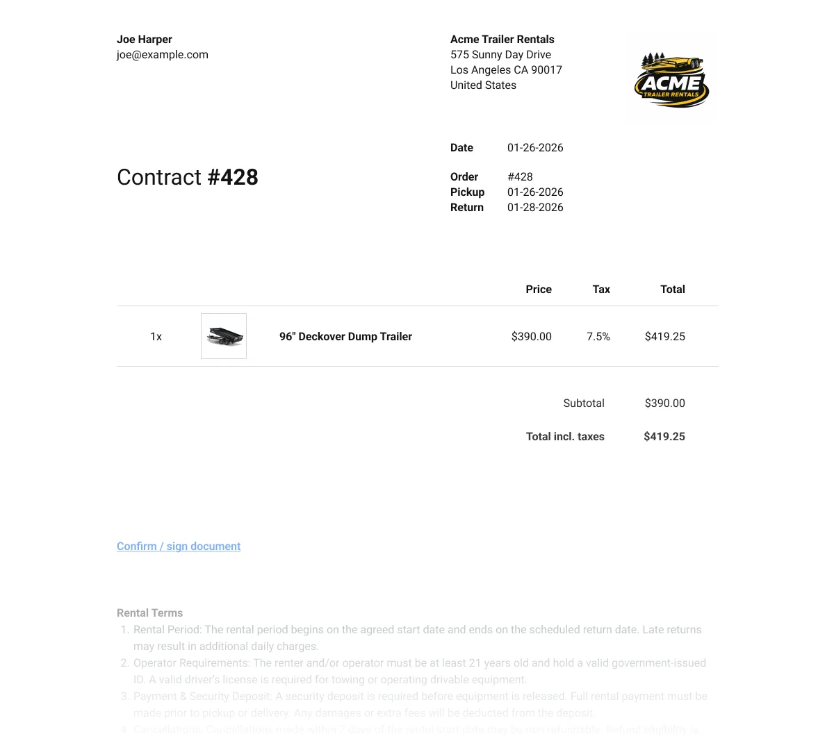 Trailer Rental Agreement Template
