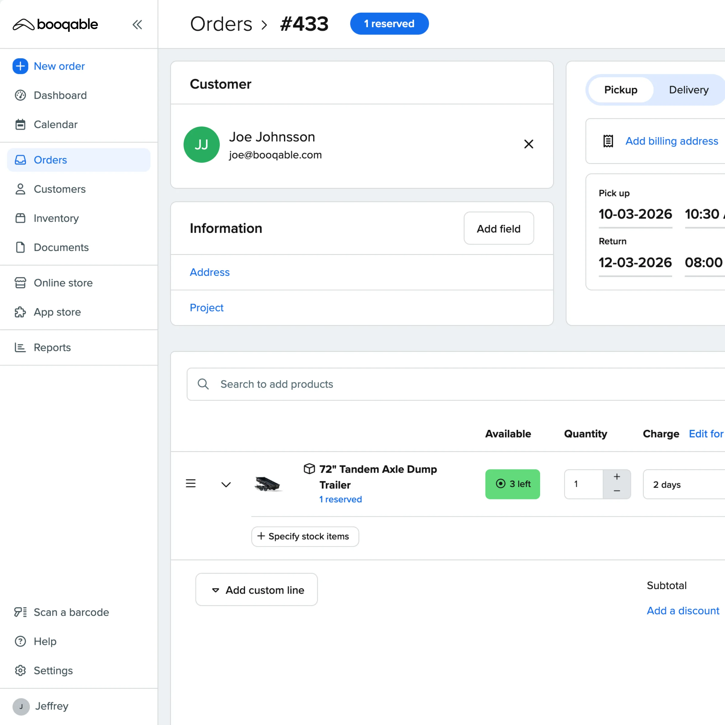 Screenshot of order creation in Booqable