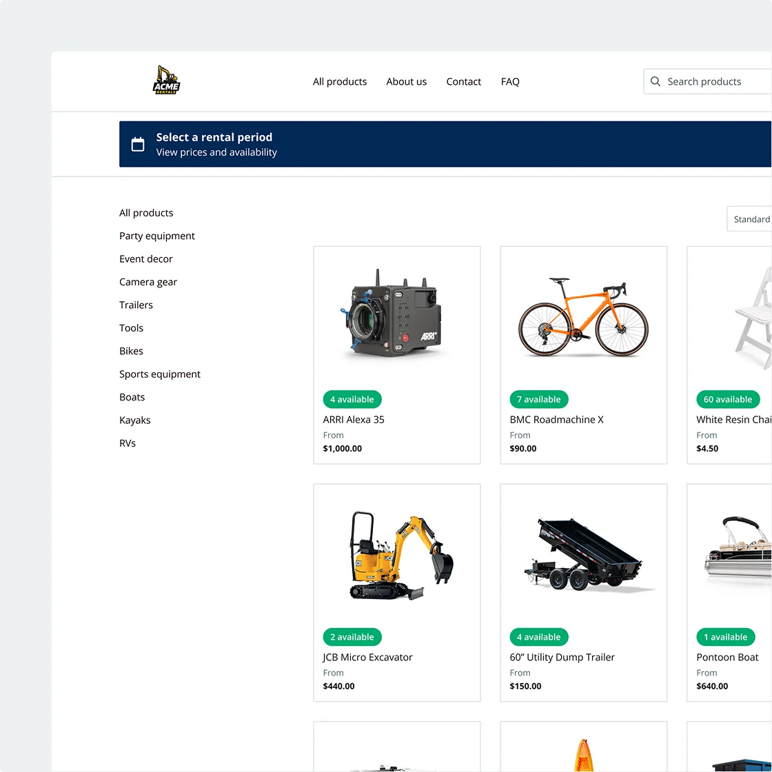 Booqable's online booking page showing real-time availability and booking options for rentals