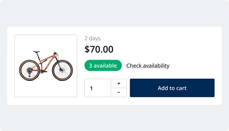 Booqable's online booking page showing real-time availability and booking options for rentals