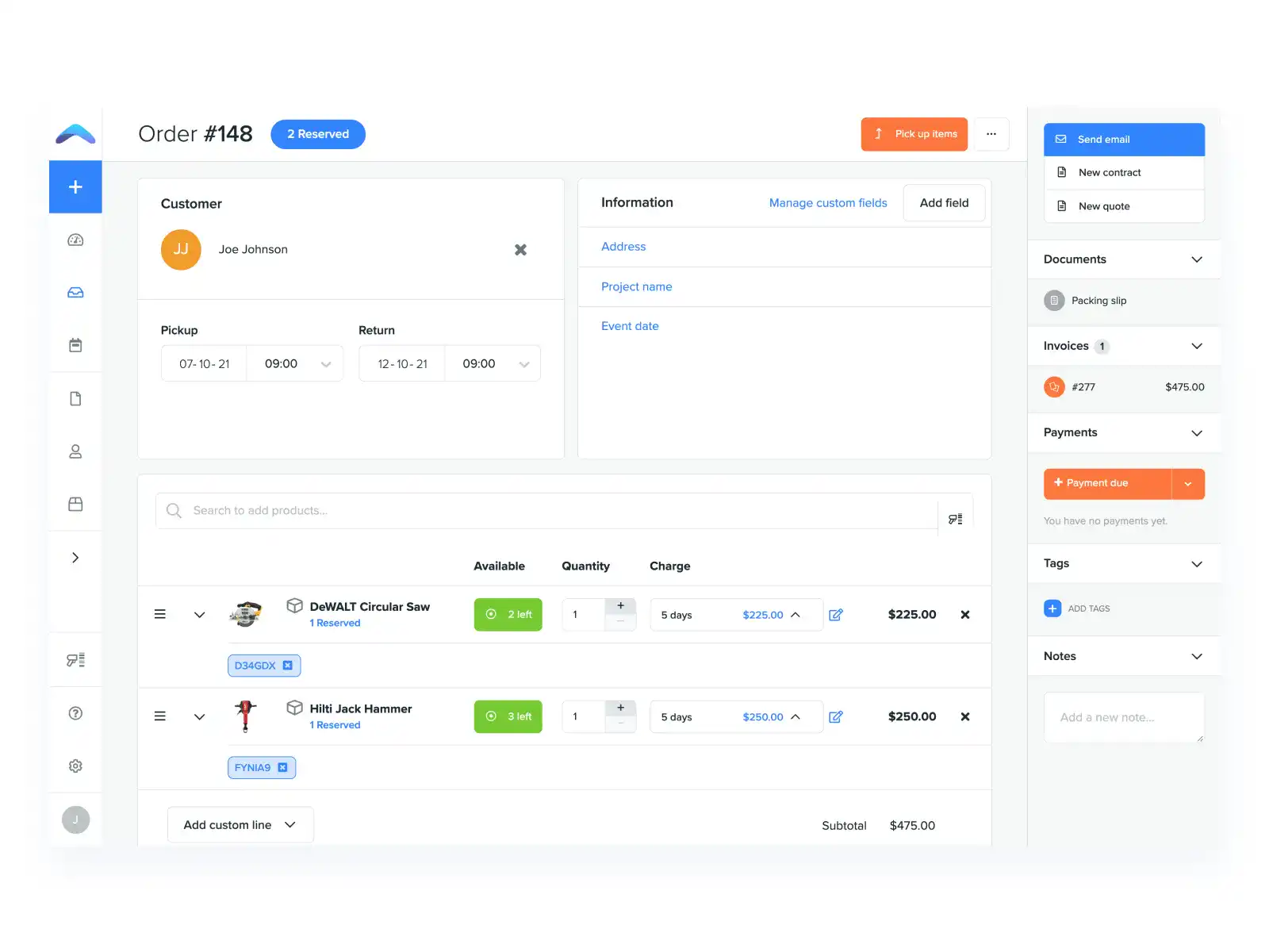 Booqable backend screenshot