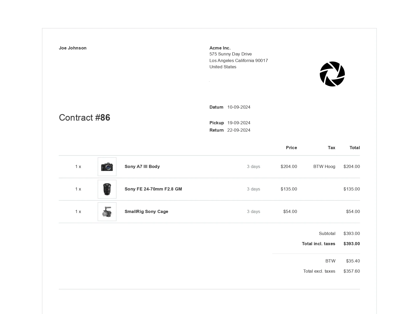 equipment rental agreement template example