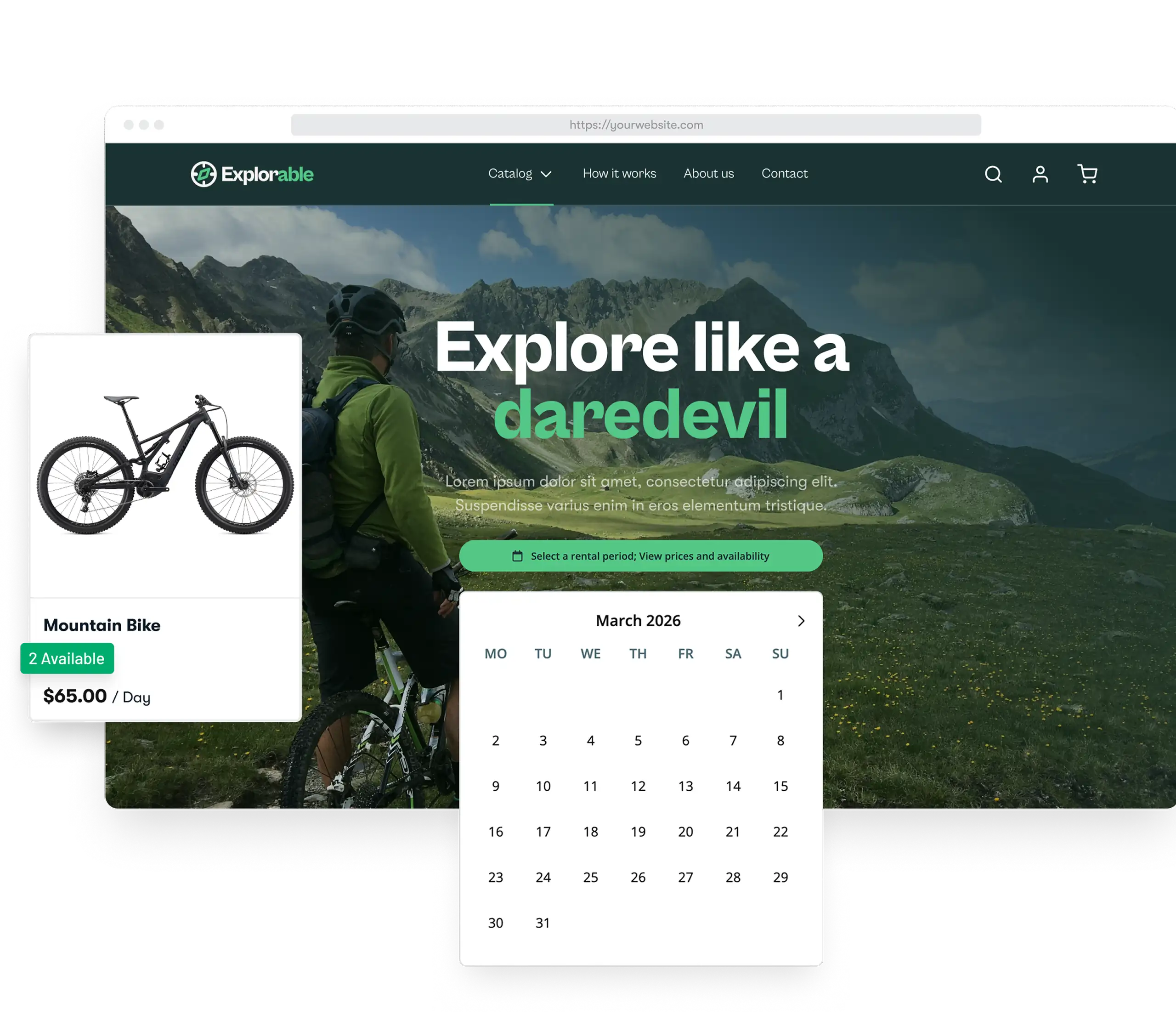 Booqable rental website builder showing a rental product page with booking options