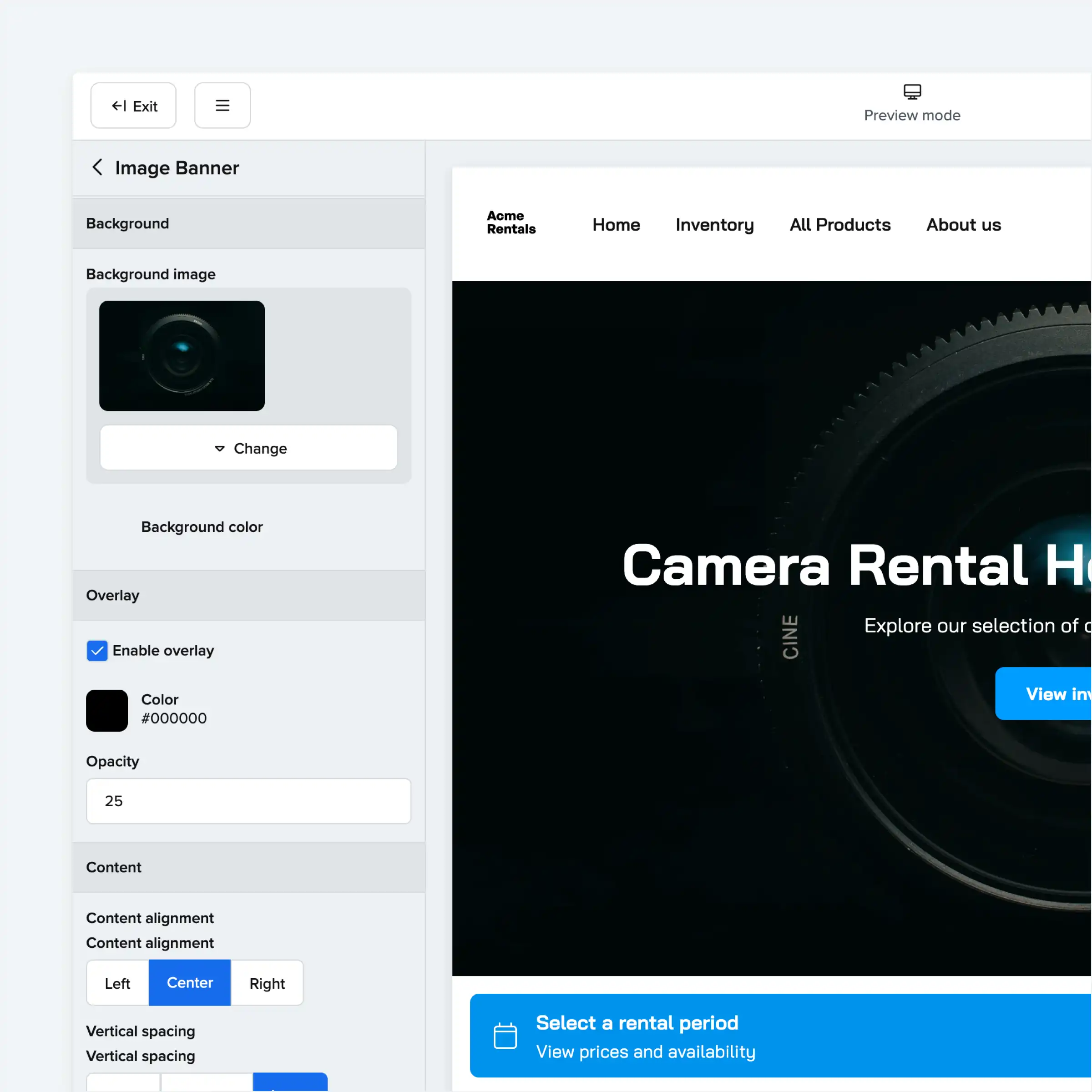 Booqable's website builder showing a rental website in progress