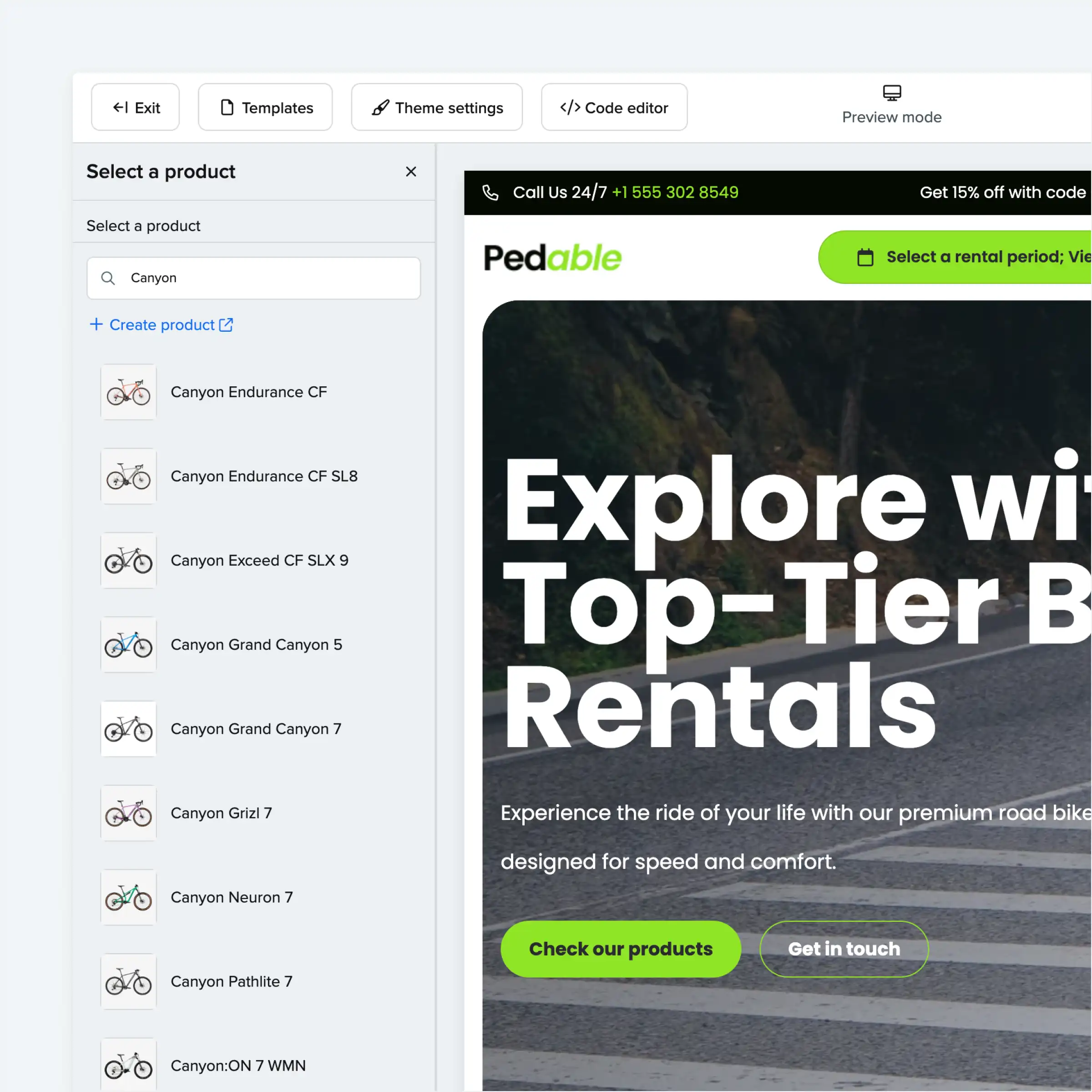 Booqable's website builder showing products being added to a rental website