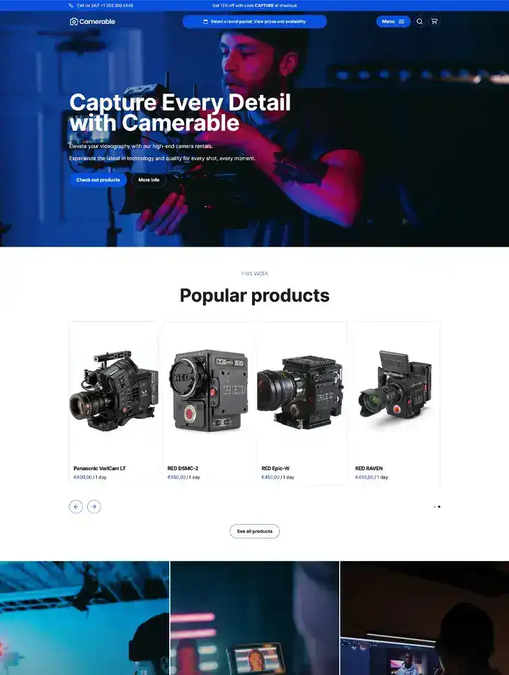 Ideo Camera Rental Capture Theme - High-End Video Camera Rental Website Template - Booqable